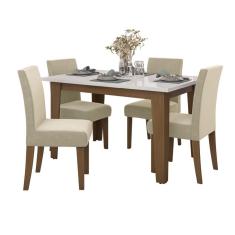 Conjunto de Mesa Sala de Jantar Miami com 4 Cadeiras Trieste Suede 1,20m Cedro / Off White / Areia Dobuê