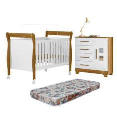 Quarto de Bebê com Berço Mini Cama 100% Mdf com Colchão Slim e Cômoda 4 Gavetas 1 Porta Fly 100% Mdf Branco/madeirado Ypê
