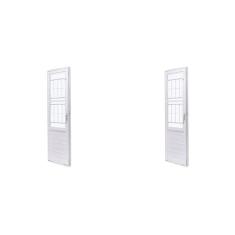 Kit com 2 Portas de Aço com Postigo 215x83cm com Grade Quadriculada e Vidro Liso Unicsol Ramassol Branco