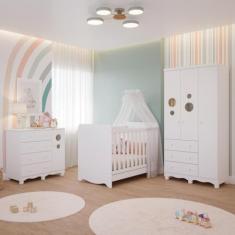 Quarto Bebê Completo Berço Americano Bem 3 em 1 Guarda Roupas 3 Portas Cômoda Bolinha 100% MDF