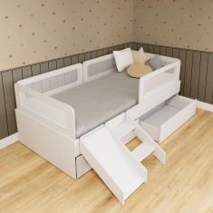 Cama Solteiro Mdf Branco com 02 Gavetas Escadinha/Escorrega 03 Grades e Cabeceira Telinha Anatômica Mobilistore