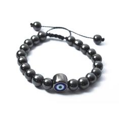 Pulseira De Bolinha Pedra Hematita 8Mm Olho Grego Regulável