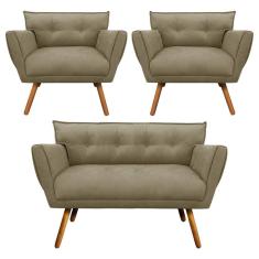 Kit 01 Namoradeira e 02 Poltronas Anitta Suede Pés Palito