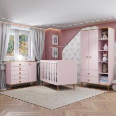 Guarda-Roupa Bartira Ternura com 5 Nichos, 2 Portas, 2 Gavetas + Cômoda Ternura com 5 Gavetas e 1 Porta + Berço Móveis Estrela Ternura