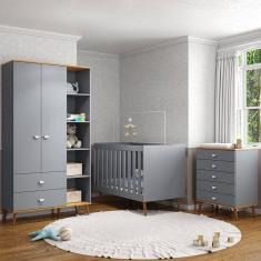 Guarda-Roupa Bartira Ternura com 5 Nichos, 2 Portas, 2 Gavetas + Cômoda Ternura com 5 Gavetas + Berço Móveis Estrela Ternura