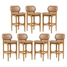 Kit 7 Banquetas Alta Estofada Rafine Madeira Castanho Tecido Impermeável Marrom