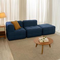 sofá guldi popup com módulo canto central e puff linho azul