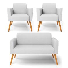 Sofá Namoradeira Com 2 Poltronas Pés Palito Castanho Marisa Linho D03 - D\`rossi Cor A05 Cinza