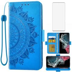 Asuwish Capa de telefone para Samsung Galaxy S22 Ultra 5G capa carteira protetora de tela de vidro temperado suporte de cartão de crédito alça de pulso suporte acessórios para celular S22ultra 22S S