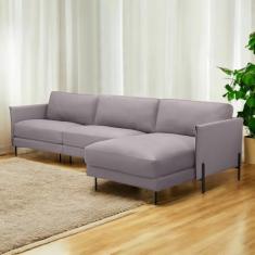 Sofá Decorativo Karine 6 Lugares Sala de estar 360cm com Chaise Pés em Aço Couro Avelã G88 - Gran Belo
