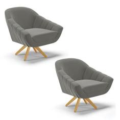 Kit 02 Poltronas Giratória Giovana Suede Base Madeira MA30 - DRossi - 