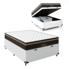 Cama Box Baú Casal + Colchão Paris Molas Ensacadas - 66x138x188cm - Couro Branco