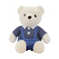 Urso De Pelúcia Branco Com Jardineira Azul 40 Cm