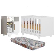 Quarto de Bebê com Berço Mini Cama com Colchão Life e Cômoda 100% Mdf 1 Porta 3 Prateleiras Flocos Branco