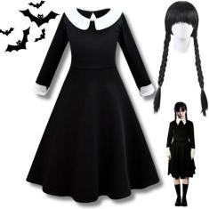 Fantasia Vestido Wandinha Halloween Addams Infantil Criança + Peruca -