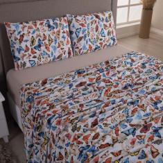 Jogo Cama Lençol Sonnet Casal Padrão Malha Estampada 100% Algodão 4 Peças - Borboletas - Bege