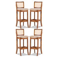 Kit 4 Banquetas Alta Portugal com Encosto em Rattan Estofado Linho Bege M58 RMI