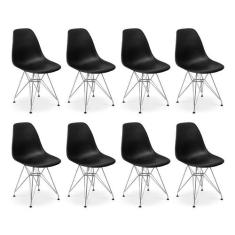Conjunto 08 Cadeiras Charles Eames Eiffel Base Metal Design - Preta -