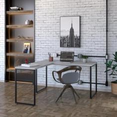 Mesa de Escritório em L Estilo Industrial 135x150cm Kuadra Snow/Est.preta