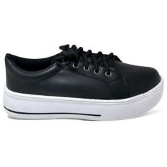 Tênis Feminino Preto Liso Flatform Detalhe Listra-Feminino