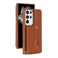 Capa de couro com alça de mão crossbody para Samsung Galaxy S23 S22 Ultra A54 A14 A34 A53 5G cordão porta cartão, marrom, para Galaxy S23 plus