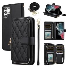 Furiet Capa carteira para Samsung Galaxy S24 Ultra 5G com alça de pulso, alça de ombro transversal, mais de 9 compartimentos para cartões, bolsa com zíper, capa de celular de couro PU de luxo para