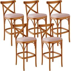 Kit 5 Banquetas Altas Ávila L02 Assento Estofado em Linho Estrutura Madeira Maciça Encosto Moderno Rosê