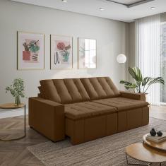 Sofá Cama Retrátil e Reclinável 4 Lugares 240cm em Veludo com Molas e Braço Reto Palmeira Cabecasa M Marrom