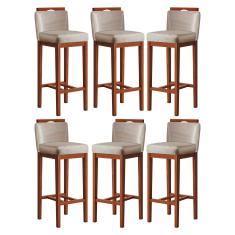 Kit 6 Banquetas Alta Estofada com Encosto 38x102 Cm Líbia Madeira Maciça Suede Bege CCS
