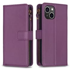 Capa com alça de pulso para iPhone 14, 9 compartimentos para cartão, 1 carteira de couro com zíper, função de suporte, fecho magnético, capa para celular compatível com iPhone 14 de 6,1 polegadas