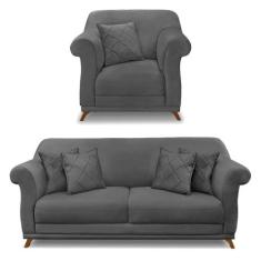 Kit Poltrona e Sofá Living 2 Lugares 1,60m Vênus Suede Cinza Pés Casta