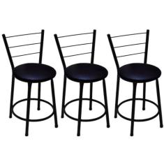 Kit 3 Banquetas Baixas Preta com Encosto Assento Preto - Fortmix