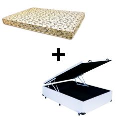 Cama Baú Casal - Tecido Sintético Branco Com Colchão Austrália Bello Box - 100% Espuma D26 Amarelo 55x138x188
