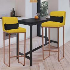 Kit 02 Banqueta Alta com Encosto Lucca Industrial Cozinha Balcão Ferro Bronze Sintético Amarelo e Almofada Preto - Ahazzo Móveis
