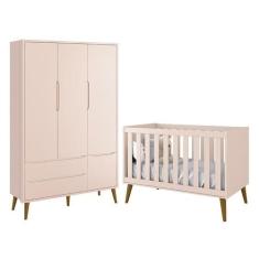 Jogo de Quarto Infantil Theo Retrô Guarda Roupa 3 Portas e Berço Rosa 