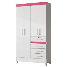 Guarda Roupa Solteiro Sobral 4 Portas e 4 Gavetas - Moval Branco/Rosa
