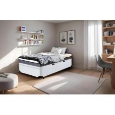 Cama Baú Serenelife em Madeira de Eucalipto, Corano Branco, Solteirão