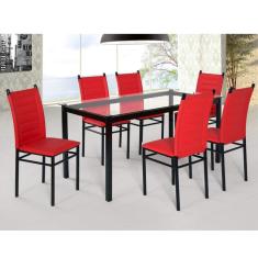 Conjunto Sala de Jantar Tokio Mesa 6 Cadeiras Art Panta Preto/Vermelho