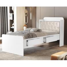 Cama Bau Quarto Tamires Solteiro 90cm com Captonê - CAMBEL, Branco/Beg