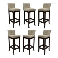 Kit 6 Banquetas Alta com Encosto Matelassê Tóquio Madeira Maciça Suede