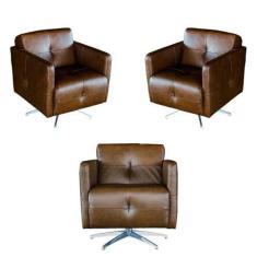 Kit 3 Poltronas Giratória para Sala de Estar Astana Couro Marrom Bicol