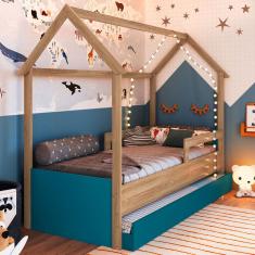 Cama Infantil Bicama Aveiro Oak/azul Secreto - Completa Móveis