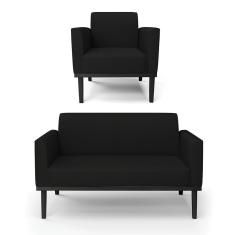 Sofá Namoradeira Com Poltrona Base De Madeira Fixa Preto Marisa Linho Preto A79 D03 - D'Rossi