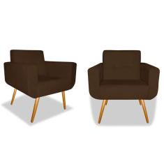 Kit 02 Poltronas Decorativa Anitta Pés Madeira Suede Marrom