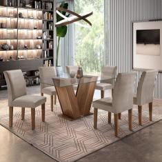Conjunto Sala de Jantar Mesa Tampo de Vidro 6 Cadeiras Classic Cel Móveis Chocolate/Cinza