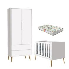 Berço Americano e Guarda Roupa 2 Portas Theo Branco Pés Madeira Natural com Colchão Gazin - Reller