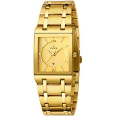 Relógio de pulso masculino retangular de aço inoxidável para negócios, relógio de quartzo masculino impermeável militar, Dourado