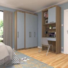 Quarto Home Office Com Guarda Roupas E Bancada De Estudos Paris Luciane Móveis Avelã Pf Com Grey Sky Pf