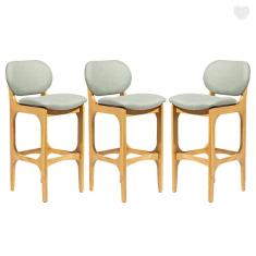 Kit 3 Banquetas Alta com Encosto Decor Madeira Mel Linho Verde L84