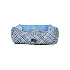Cama para Cachorro Quadrada em Poliéster Pied de Poule Azul e Cinza Grande (G) 48 x 48 cm